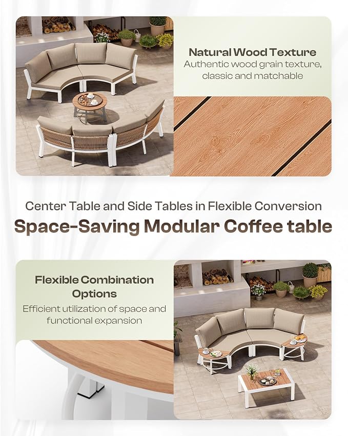Outdoor Aluminum Round Coffee Table, All-Weather Patio Coffee Tables for Outside with PS Wood-Like Table Top, Modular Coffee Table for Backyard, Balcony, Deck, Yard, White