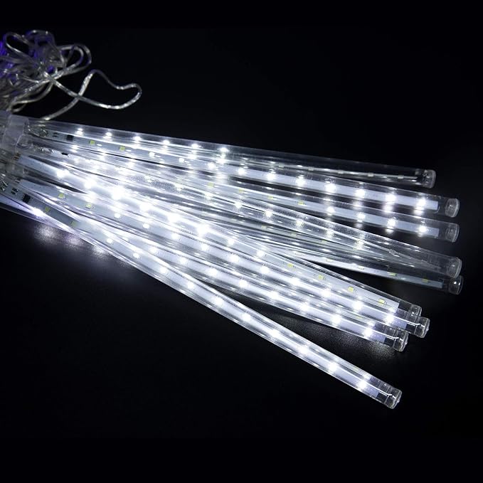 Meteor Shower Lights Outdoor, 11.8 Inches 8 Tubes 192 LED Snowfall Lights, Waterproof Meteor Christmas Light, Hanging Falling Rain Light for Tree Bushes Holiday Party Christmas Decoration, White