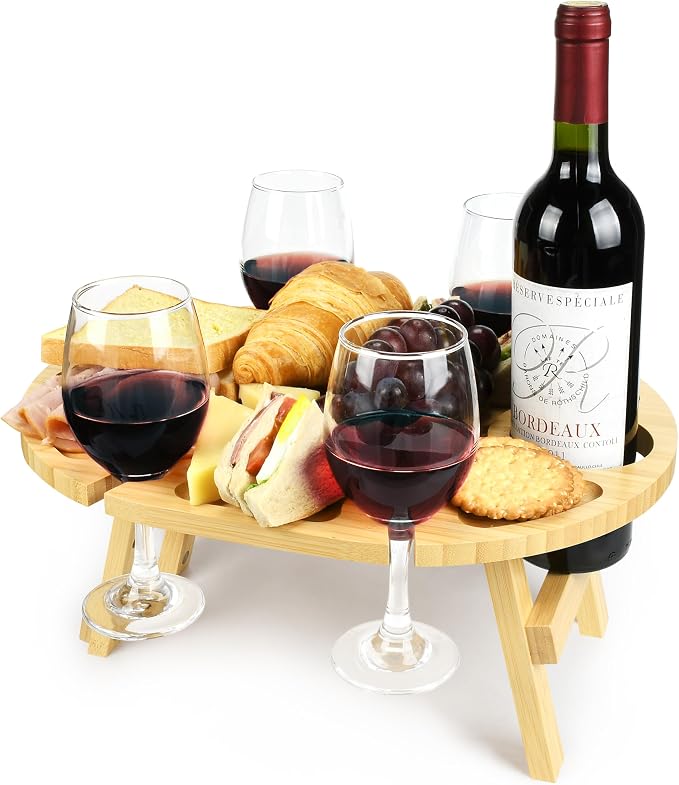 Tirrinia Portable Wine Picnic Table, Foldable Beach Table for Charcuterie, Decoration Picnic Essentials for Camping, Weddings, Concerts for Women, Wine Lovers