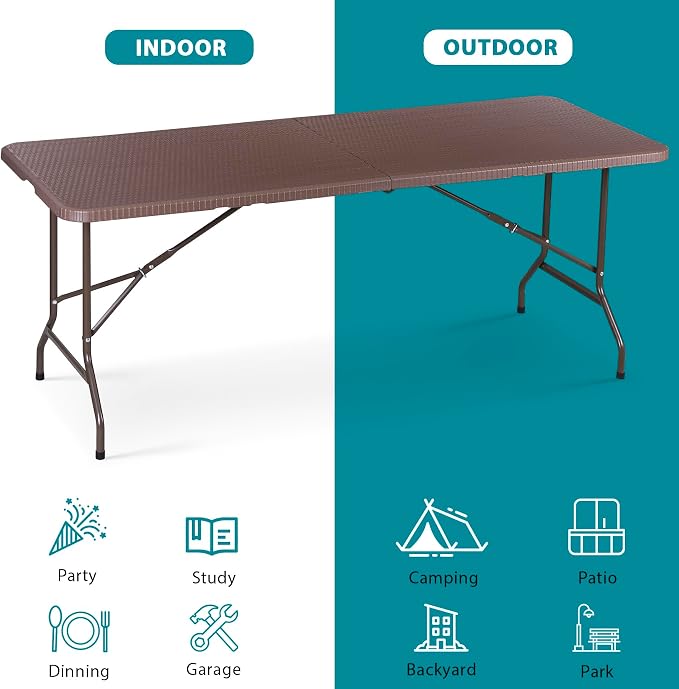 ZenStyle Indoor Outdoor Heavy Duty Plastic Folding Table Portable Picnic Table Fold-in-Half Utility Table w/Handle and Steel Legs for Camping, Dining, Party (Brown, 6ft)