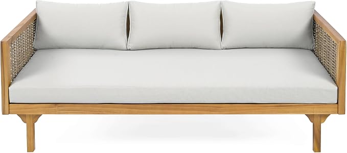 Christopher Knight Home Claremont Patio Sofa and Coffee Table Set, 2 Piece Wicker Patio Furniture Set, Acacia Wood 3 Seater Outdoor Sofa Daybed and Coffee Table Set, Teak+Light Grey