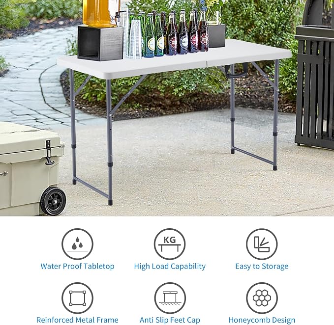 KAIHAOWIN Plastic Folding Table-4ft Portable Table Foldable Legs and Adjustable Height Utility Table for Indoor Outdoor Camping Banquet Party-White