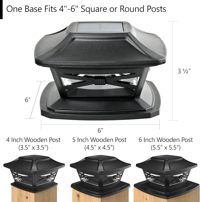 Davinci Flexfit Solar Outdoor Post Cap Lights, 4x4 5x5 6x6, Bright LED, 4PK | Slate Black, Wooden Posts, fence/deck/garden/patio, UV fade-protected plastic, auto-on, 7-8h, cordless, IP44, 25lm warm white