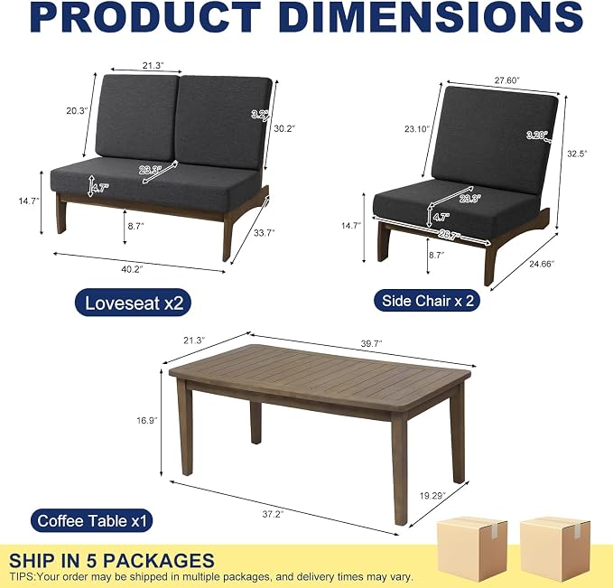 Pia Ricoo 4 Piece Patio Furniture Sets, Outdoor Loveseat Sofa Set with 2 Chairs & Coffee Table, Patio Conversation Set for Backyard, Deck, Lawn, Drak