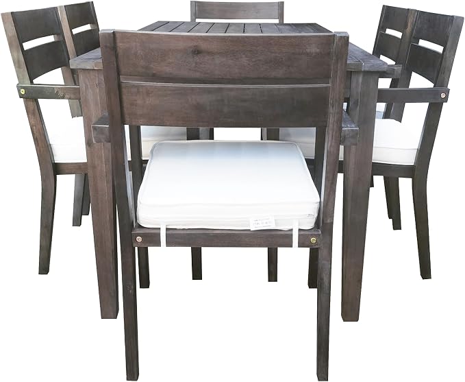 7 Piece Patio Dining Table Set with Removable Cushion, Outdoor Acacia Wood Furniture Set for Garden, Backyard, Lawn, Poolside (A-Gray)