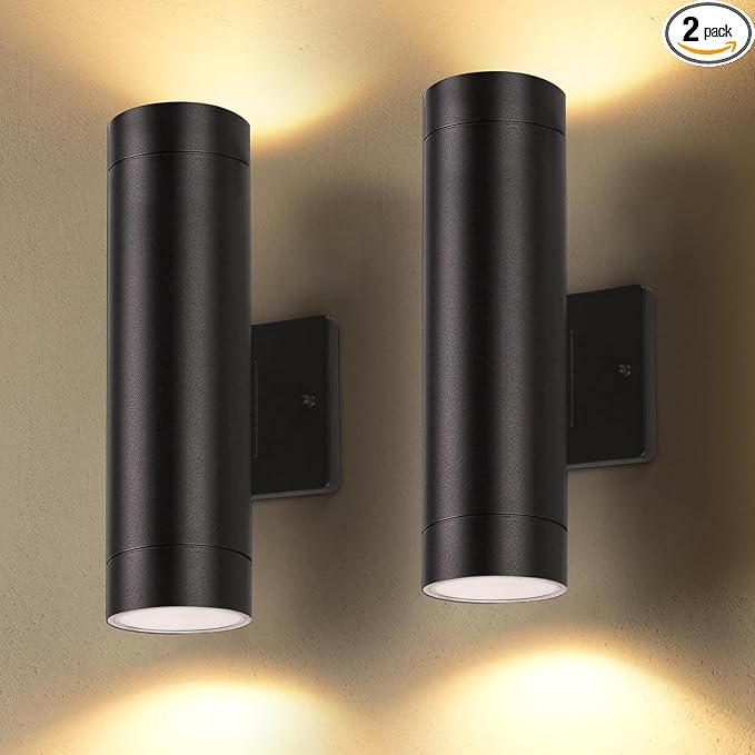 LUTEC Dusk to Dawn Outdoor Wall Lights, 16W Integrated LED Cylinder Up-Down Sconce, 3000K Waterproof Aluminum Exterior Lighting, Matte Black Modern Porch and Entryway Wall Light Fixture, 2 Pack