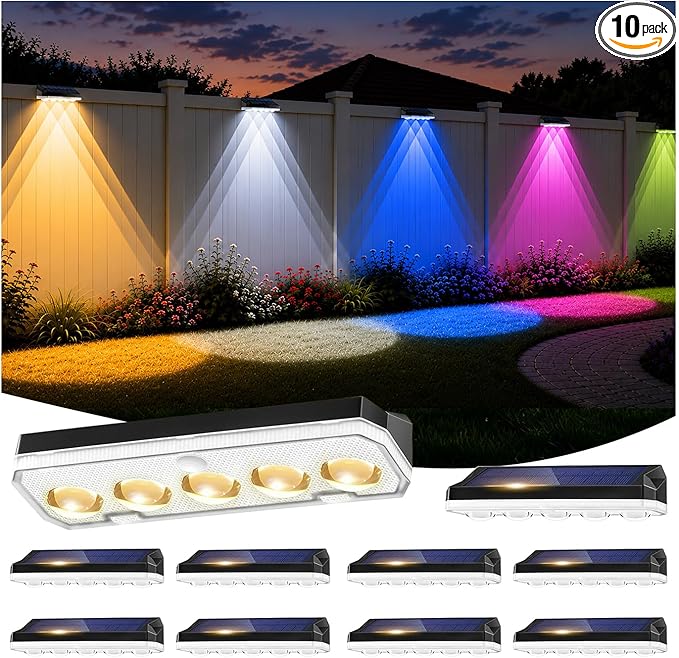 Tenmiro Solar Fence Lights Outdoor 10 Pack, 40 Modes RGB & Cold/Warm White Wall Lights with 5 Lens, IP67 Waterproof Dusk to Dawn Outside Lighs for Backyard, Patio, Yard, Pool, Deck, Railing Decor