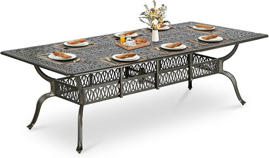 MEETWARM 94.5"x43.5" Cast Aluminum Patio Dining Table, All Weather Large Outdoor Dining Table for 8 Person, Patio Furniture Rectangular Table with Umbrella Hole and Adjustable Foot Pads, Dark Bronze