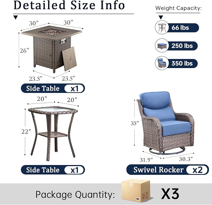 Luxury 7 Piece Wicker Patio Furniture Set with Swivel Rocker and 30“Fire Pit Table - Brown