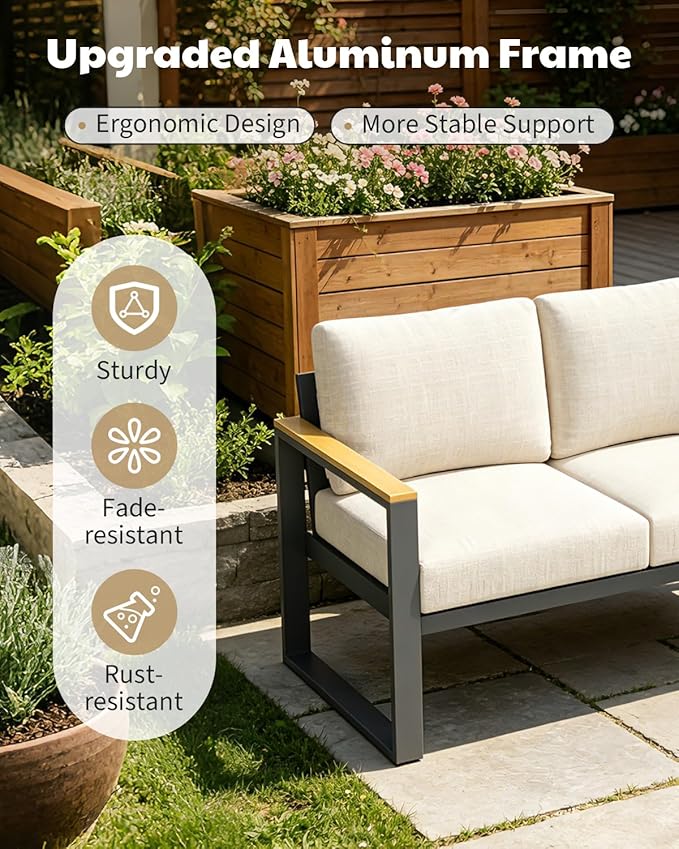 6 Seats Outdoor Patio Conversation Sets with Coffee Table, Aluminum Patio Patio Conversation Set for Balcony, Garden, Deck, Backyard,Beige