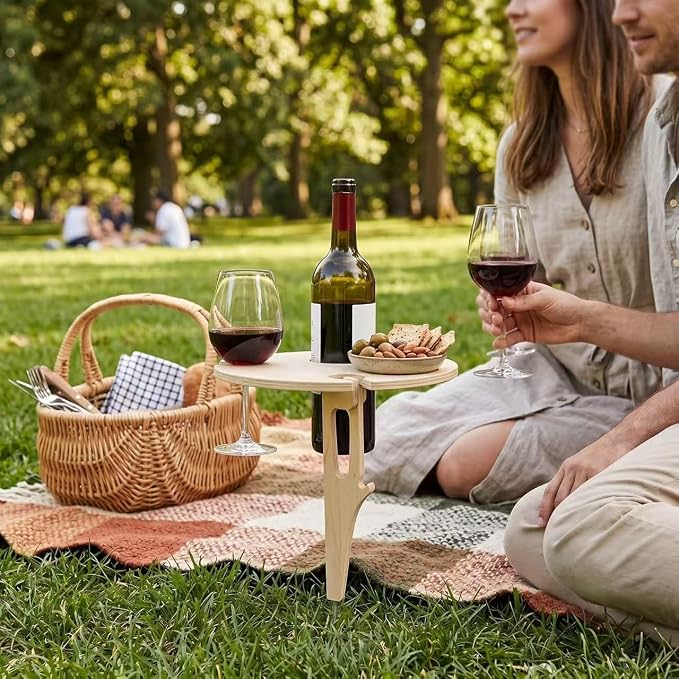 Portable Outdoor Wine Table with Removable Round Wooden Wine Rack, Ground Fixing Design, Comes with Storage Bag, Small Picnic Table for Wine Lovers, Ideal for Garden Lawn Beach, Easy to Carry & Store
