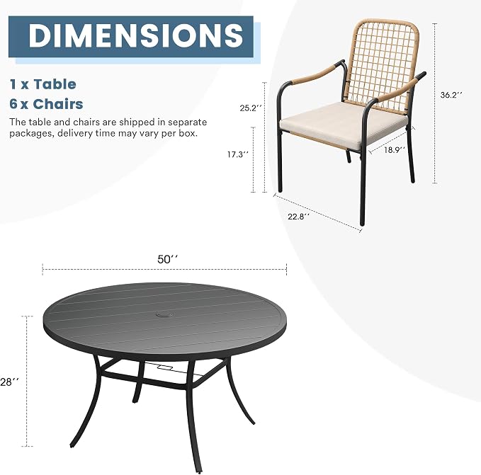 DIFY 7 Pieces Outdoor Dining Set for 6, 50" Round Dining Table with Umbrella Hole & Wicker Stackable Patio Chairs with Cushions, Metal Patio Table and Chairs Set for Backyard Porch Garden, Black