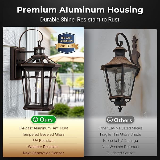 VIANIS Motion Sensor Outdoor Porch Lights Wall Mount, Aluminum Dusk to Dawn Outdoor Lighting for House Exterior Wall Sconce, Waterproof Oil Rubbed Bronze Gold Trim Exterior Lighting Fixtures for Patio
