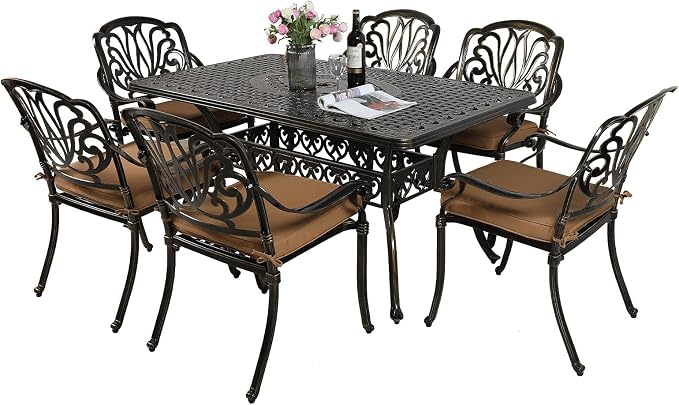 VIVIJASON 7-Piece Outdoor Furniture Dining Set, All-Weather Cast Aluminum Patio Conversation Set, Include 6 Cushioned Chairs and a Rectangle Table with Umbrella Hole for Balcony Lawn Garden Backyard