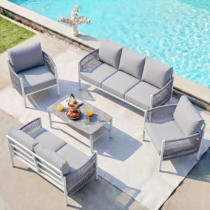 Aluminum Patio Furniture Set, 7 Seats Modern Outdoor Sectional Furniture with PE Rope & Dual-Layer Coffee Table, Luxury Patio Conversation Sets with 6" Cushions for Backyard/Garden, White
