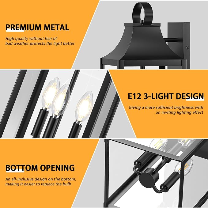 20" Extra Large Outdoor Wall Light, Black Exterior Lighting Fixtures | Waterproof Wall Mount Porch Lantern with 3-Light, Modern Outside Wall Sconce Garage Coach Light with Clear Glass, 1 Pack