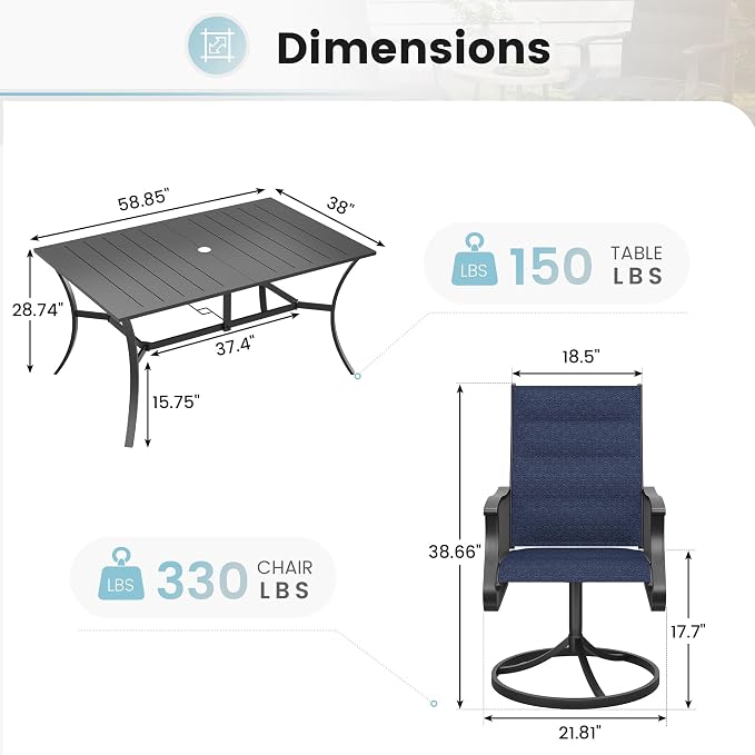 7 Pieces Patio Dining Set, Padded Patio Outdoor Furniture Set of 6 Patio Swivel Dining Chairs and Patio Spliced Rectangular Tabletop with Umbrella Hole, for Deck, Backyard, Poolside & Garden