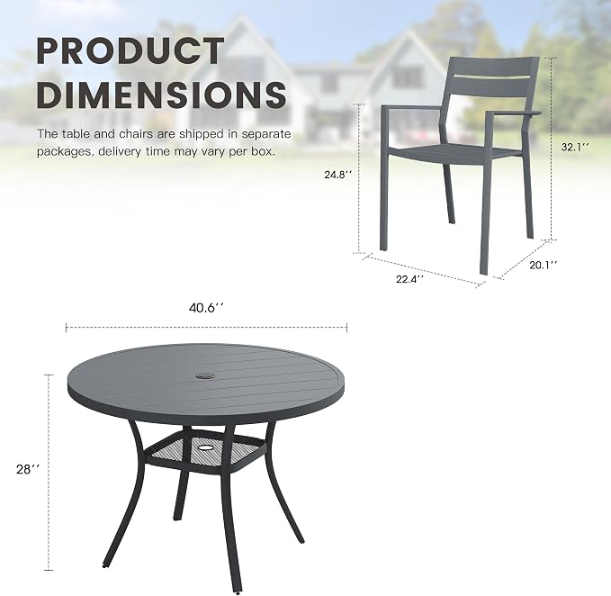 Patio Dining Set for 4, 40.6" Outdoor Dining Table and Chairs Set with Stackable Patio Chairs Outdoor Furniture Outdoor Furniture for Garden Deck Backyard, Dark Grey Table and Grey Chairs