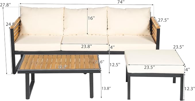 Virubi 5-Piece Acacia Wood and Metal Patio Sofa Set, Sturdy Iron & Acacia Frame, Water-Repellent Upholstery Cushions, Outdoor Conversation Sofa Set with 3-Seater, 2 Club Chairs, Ottoman & Table