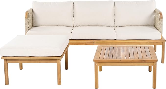 JIVOIT 3-Piece L-Shape Outdoor Furniture Set, Outdoor Acacia Wood and Rope Patio Sofa Set, Conversation Set with Acacia Wood Coffee Table and Ottoman for Backyard Porch Garden