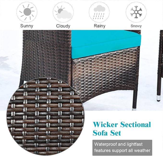 COSTWAY 8PCS Rattan Patio Furniture Set | Outdoor Wicker Rattan Chairs with Coffee Table, Rattan Cushioned Conversation Set for Backyard Balcony Poolside, Turquoise