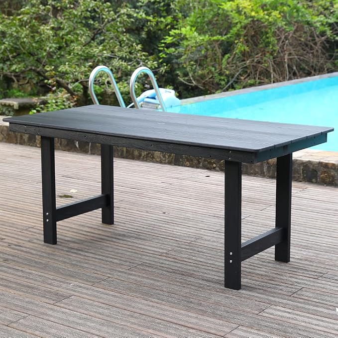 KEIKI 66.9" HDPE Outdoor Table, All Weather Patio Table with Umbrella Hole,Waterproof & Fade Resistant, Wood Grain Finish, Easy Assembly Patio Furniture for Garden Balcony Poolside Backyard, Black