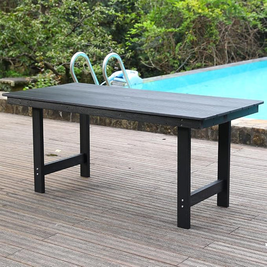 KEIKI 66.9" HDPE Outdoor Table, All Weather Patio Table with Umbrella Hole,Waterproof & Fade Resistant, Wood Grain Finish, Easy Assembly Patio Furniture for Garden Balcony Poolside Backyard, Black