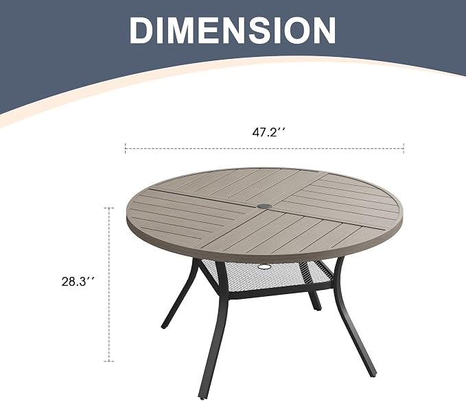 VICLLAX 47.2" Round Patio Dining Table for 4-6, All Weather Metal Outdoor Table with 1.57" Umbrella Hole and Storage Shelf for Garden Lawn Deck, Grey
