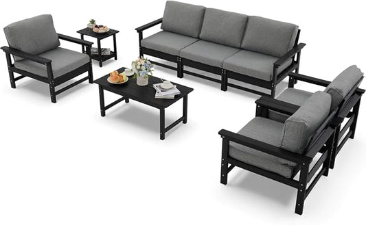 HDPE Outdoor Patio Furniture Set, 8-Piece Sofa Set with 3-Seat Couch, 3 Armchairs,Side Table & Coffee Table, Weatherproof Conversation Set with Cushions,for Garden, Porch & Backyard