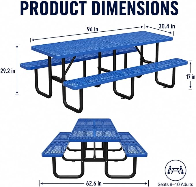 8 FT Heavy Duty Outdoor Metal Picnic Table with Umbrella Hole, Commercial Grade Steel Picnic Table with Benches, Seats 8-10 Adults, Weather Resistant for Backyard, Park, School & Campground