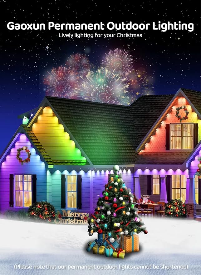 Gaoxun 200ft Permanent Outdoor Lights, RGBW Smart LED Christmas Lights with 72 LED, APP/Remote Control, Dimmable, 47 Scene Modes, Timer, IP67 Waterproof Eaves Lighting for Daily Holiday Decorations