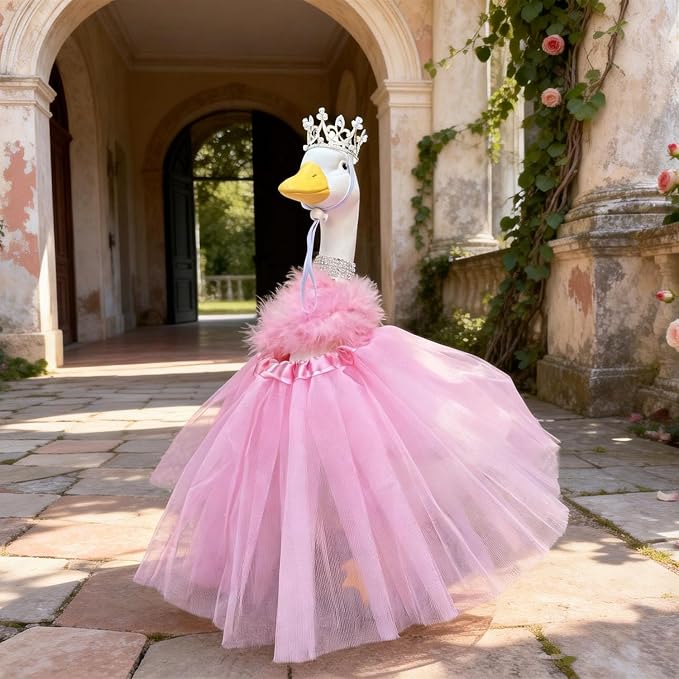 Porch Goose Statue with Princess Outfits Garden Decoration - 20" Large White Lawn Goose Statues Costume Crown Necklace Tutu Skirt Feather Trim for Indoor and Outdoor Garden Lawn Art Decor (Pink)