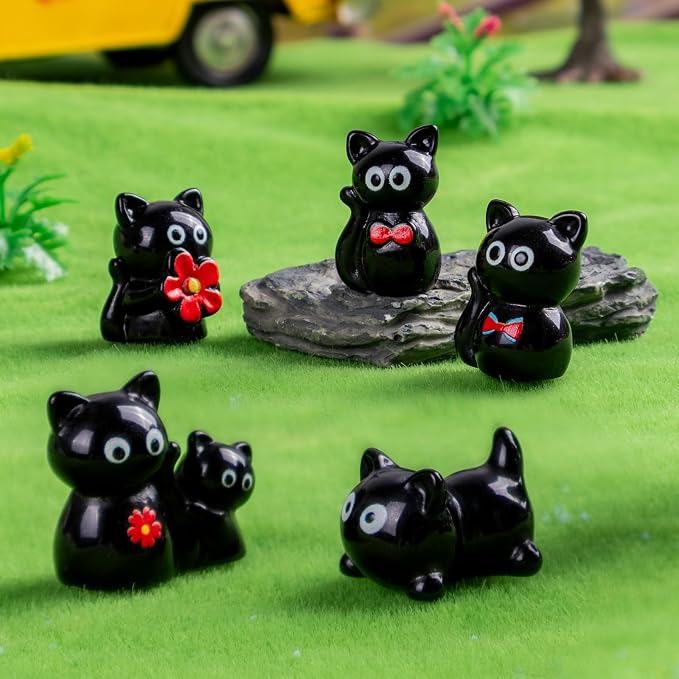 36 pcs Mini Resin Black Cats Variety Tiny Animals Figures Miniature Little Small Cat Figurines Bulk for Micro Fairy Garden Landscape Accessories Hide Crafts Decor Aquarium