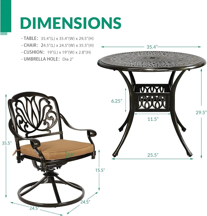 VIVIJASON 3-Piece Patio Furniture Dining Set, Outdoor All-Weather Cast Aluminum Bistro Set, Include 2 Swivel Chairs and 35.4" Round Table w/Umbrella Hole for Balcony, Lawn, Garden, Antique Bronze