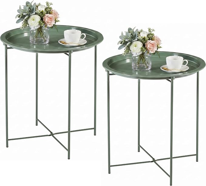 VECELO Side/End Table, Folding Round Metal Anti-Rust and Waterproof Outdoor or Indoor Tray for Living Room Bedroom Balcony and Office, 2 PCS, Dark Green