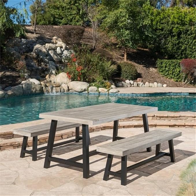 GDFStudio Cassie Outdoor Modern Industrial 3 Piece Acacia Wood Picnic Dining Set with Benches, Sandblasted Light Gray and Black Rustic Metal