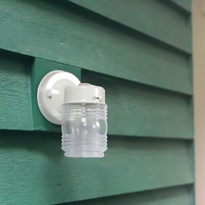 Design House Jelly Jar 1-Light Outdoor Wall Lantern, White Finish, Clear Ribbed Glass, Wet Rated Exterior Porch Light for Patio, Garage, Entryway, Front Door, and Deck, 500181 | Wall Mount, Traditional, Steel, Lighting, 500181
