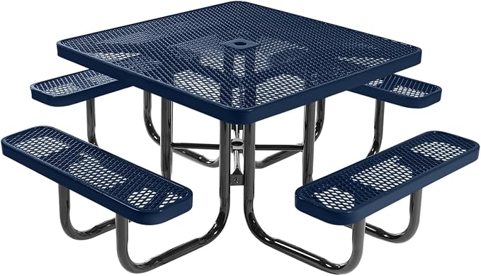 COATEDOUTDOORFURNITURE Heavy-Duty Portable Outdoor Picnic Table with Umbrella Hole, Expanded Metal Commercial-Grade Patio Dining Furniture Made in America (46" Square Top, Textured Dark Blue)