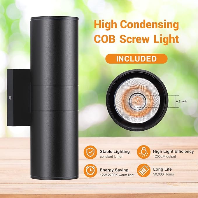 DAKAFUL Outdoor Wall Lights 2 Packs, Integrated LED Cylinder Up Down 12W 2700K Modern Aluminum Light, Waterproof Exterior Light for Porch Patio Door, Matte Black