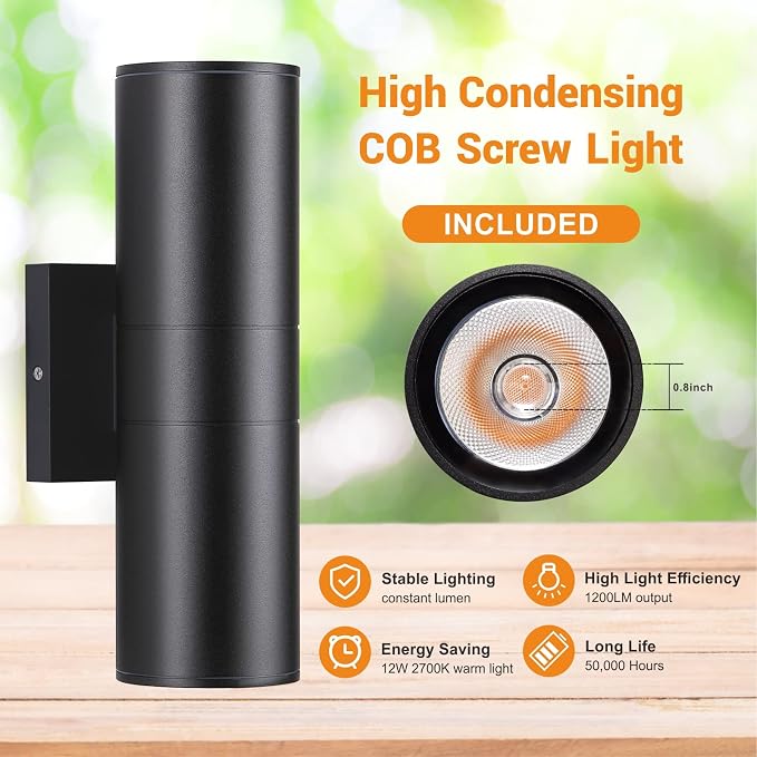 DAKAFUL Dimmable Wall Lights Outdoor 2 Packs, Integrated LED Cylinder Up Down 12W 2700K Modern Aluminum Light, Waterproof Exterior Light for Porch Patio Door