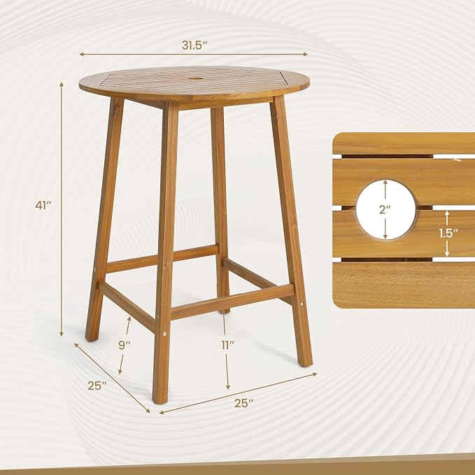 Tangkula 31.5” Acacia Wood Patio Bar Table, Round Bistro Table with Umbrella Hole, Outdoor Dining Table for Garden, Backyard, Poolside