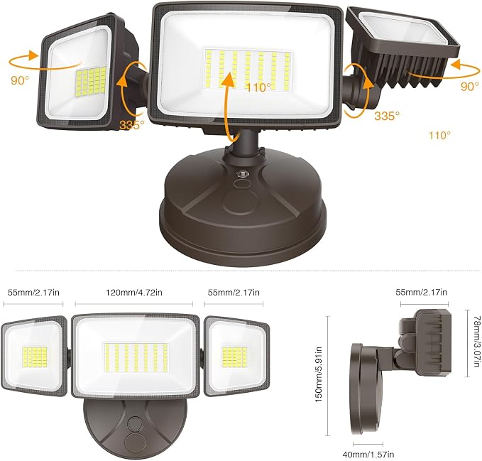 Onforu 75W Flood Lights Outdoor, 7000LM Brightness Security Lights Switch Controlled, 3 Adjustable Heads, IP65 Waterproof, 6500K Wall Mount Exterior LED Flood Light