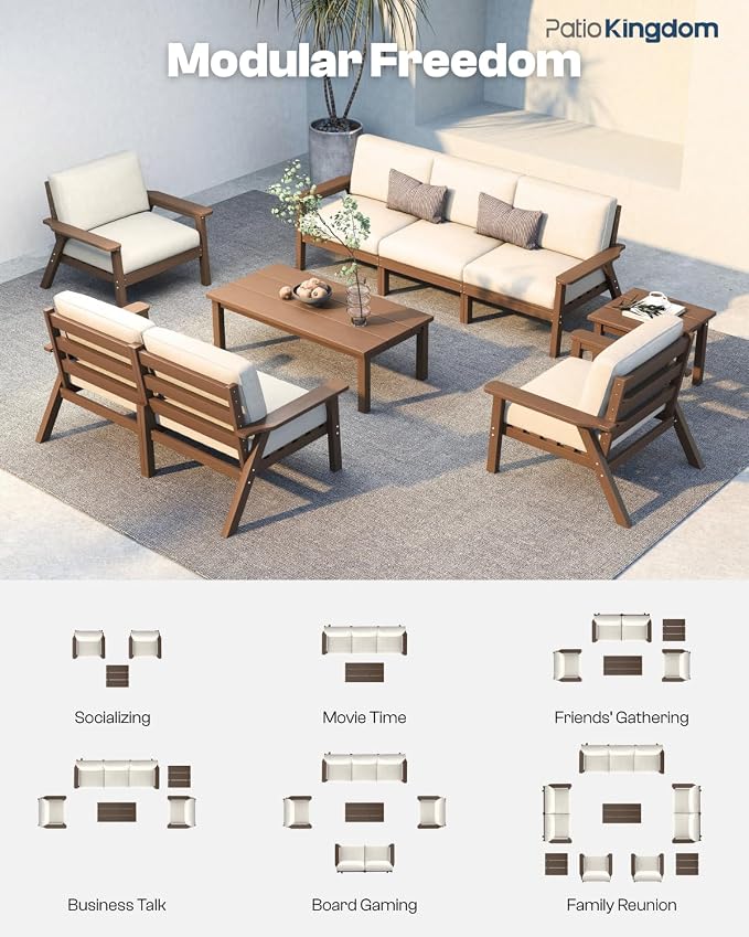 HDPE 5 Piece Patio Furniture Set, Outdoor Sectional Furniture with Beige Washable Thick Cushions & Coffee Table, Patio Conversation Sets for Garden, Porch, Balcony, Deck (Brown Frame)