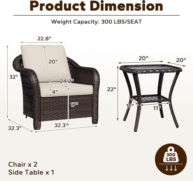 3 Piece Patio Wicker Bistro Set, 2 All-Weather Use Outdoor Wicker Chairs with PE Rattan Side Table,Ideal for Porch, Backyard, Balcony, Poolside, Beige