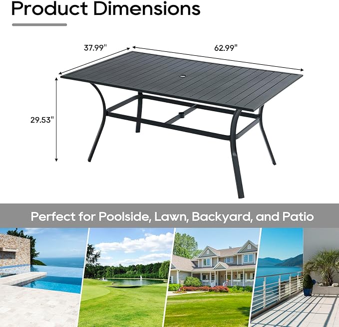 Patio Dining Table, 63" Metal Patio Tables with 2.36'' Umbrella Hole, Outdoor Patio Table for Backyard, Garden, Black (63” Rectangle Dining Table)