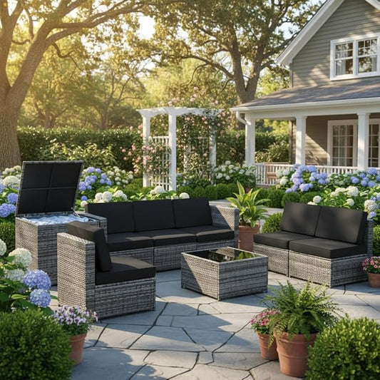 Tangkula 8 Pieces Wicker Patio Furniture Set with Storage Deck Box, PE Rattan Outdoor Sectional Sofa Conversation Set with Coffee Table & Cushions, Outside Furniture for Garden Yard Poolside (Black)