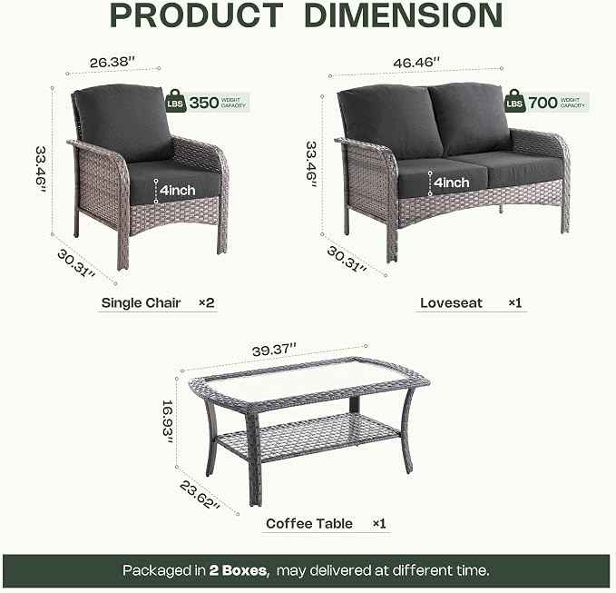 4-Piece Patio Furniture Set, Outdoor Wicker Furniture with Coffee Table, All Weather High Back Loveseat Patio Chairs, Modern Rattan Outdoor Chairs Conversation Set for Porch, Balcony, Garden,Black