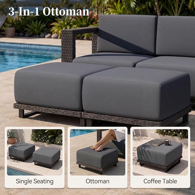 LazySunsets Patio Furniture Set, 8 Pieces Wicker Outdoor Sectional Sofa with 10'' Ultra-Thick Cushions & Ottomans, All-Weather Rattan Conversation Set for Backyard Poolside, Brown/Dark Gray