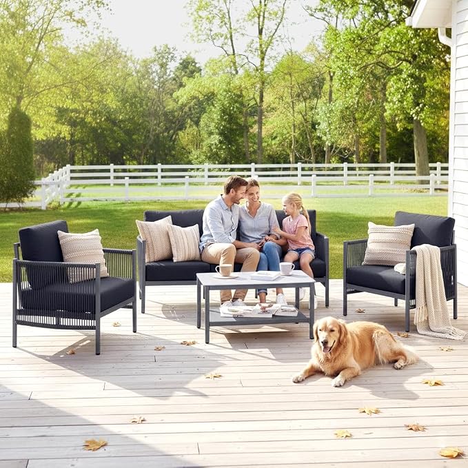 Aluminum Patio Furniture Set, 4 Seats Modern Outdoor Sectional Furniture with PE Rope & Dual-Layer Coffee Table, Luxury Patio Conversation Sets with 6" Cushions for Backyard/Garden, Charcoal
