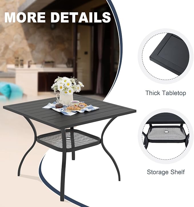 VICLLAX 5 PCS Outdoor Dining Set, Patio Furniture Set Includes 38" Square Metal Table w/ 1.9" Umbrella Hole and 4 Padded Textilene Swivel Chairs for Lawn, Porch, Garden, Backyard